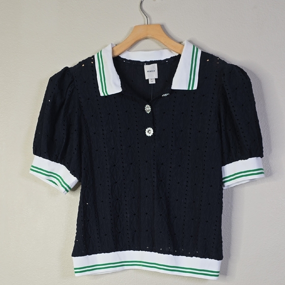 Maeve Blue Puff Sleeve Lace Polo Navy Knit Top Size Large NwT. - Picture 4 of 11